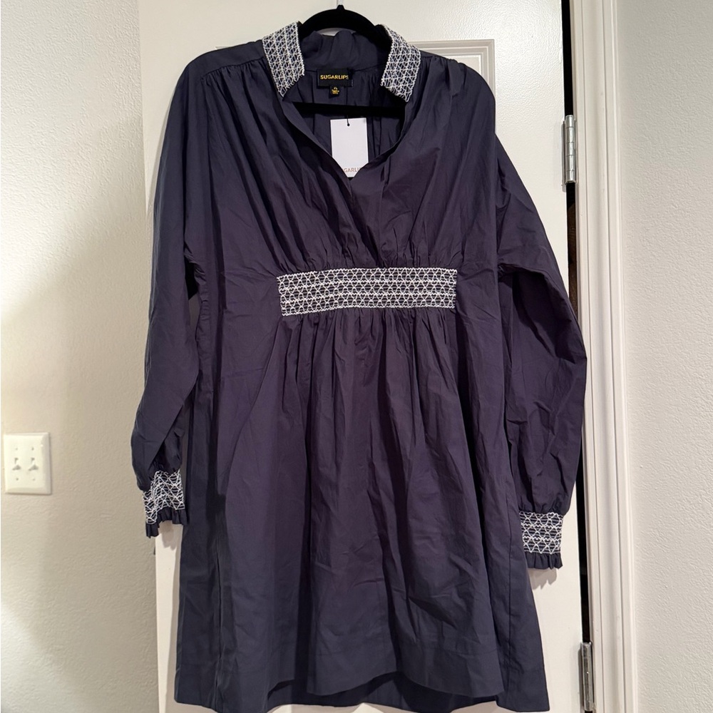 Sugar lips Preppy Dark Blue Tunic with Patterned Accents